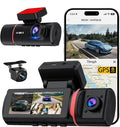 3 Channel Dash Cam Front and Rear Inside, 4K+720P+720P Dashcam, 5GHz WiFi GPS Dash Camera for Cars with 64GB Card, 24H Parkin