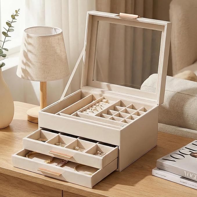 Jewelry Box Organizer with Glass Lid, 3-Layer with Double Drawers, Luxury Velvet Lined Desktop Display Case for Earrings Ring