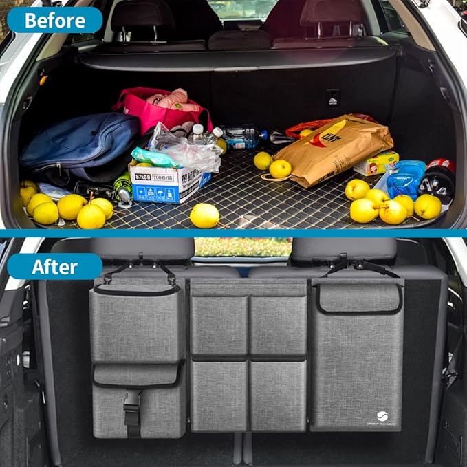 Car Trunk Organizer with Cooler, Hanging Organizers with Large Pockets, Zippers Detachable Seat Back Storage, Waterproof for Jeeps, SUVs