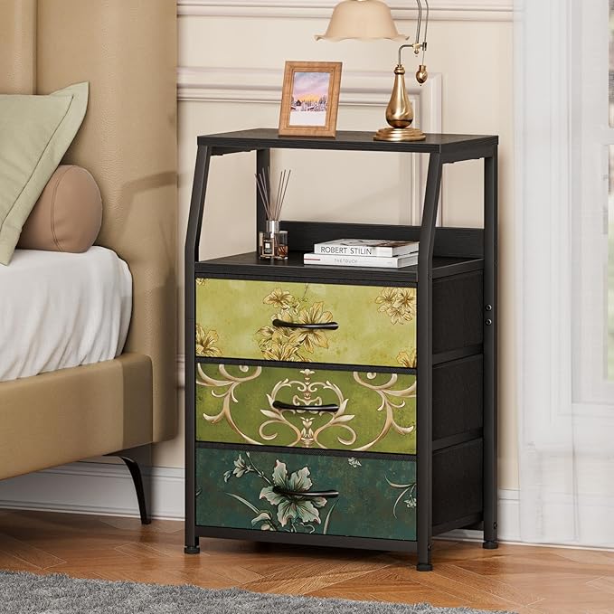 Furnulem Retro Night Stand with 3 Drawers and 2-Tier Shelf, Small Nightstand Side Table, Vintage Storage Dresser for Bedroom,