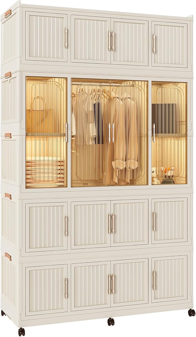 Portable Wardrobe Closet, Folding Bedroom Armoire, Plastic Closet Organizer with Hanging Rod, Clothing Storage Bins with Magn
