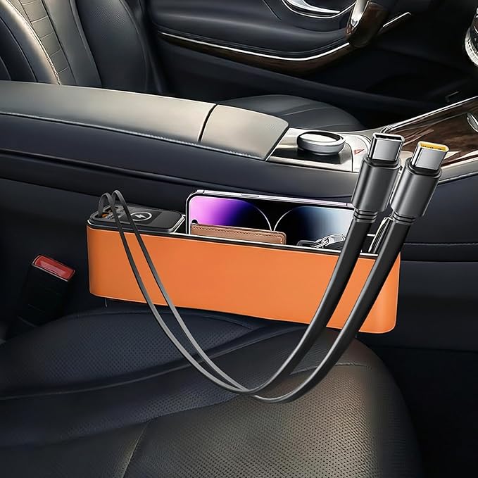 Elecshion Car Seat Gap Filler Organizer with 69W Retractable Car Charger, 2 USB Ports and 2 Charging Cable Car Seat Organizer, Seat Gap Storage Box for Sedans SUV Truck, Car Interior Accessories