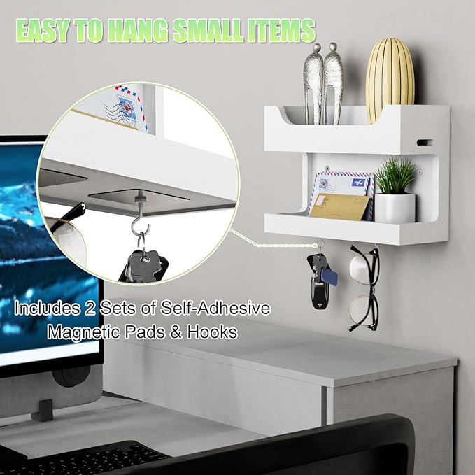 NiHome Wall Mounted Wooden Bedside Accessories Organizer, Double Tray Bedside Storage Shelf Rack with Magnetic Hooks, Bedroom