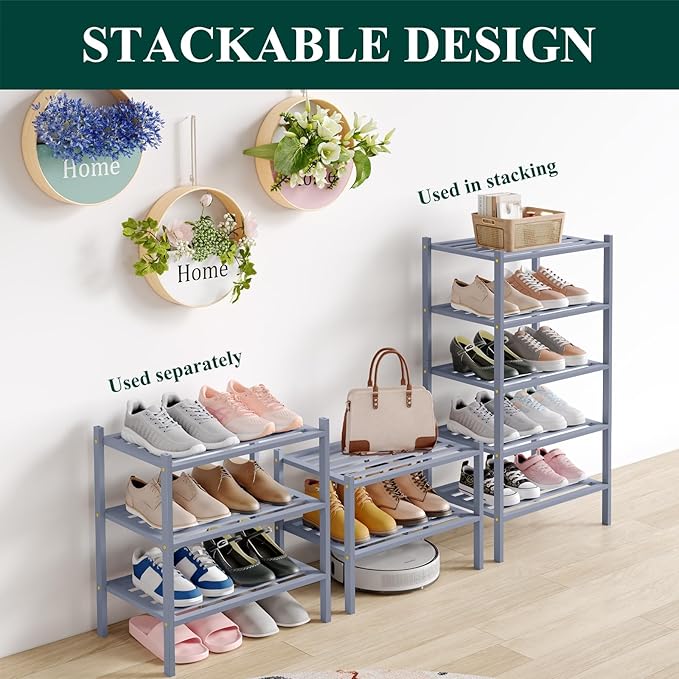 Smiry Small Bamboo Shoe Rack 3-Tier, Stackable Wooden Shoe Organizer for Entryway & Closet, Free Standing Wood Shoe Storage S
