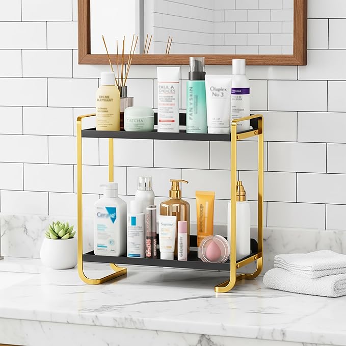 2-Tier Black and Gold Carbon Steel Bathroom Counter Organizer - Skincare Cosmetic Display Tray for Perfume, Makeup, Bathroom,