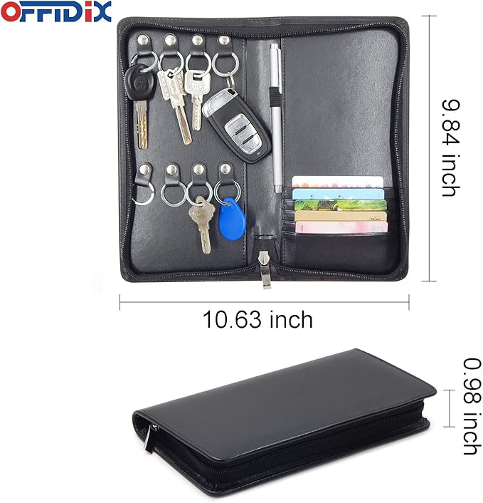 OFFIDIX PU Leather Portable Key Cabinet,8-Key Hooks Portable Zippered Key Case Menus Card Organizer Holder Business Padfolio 
