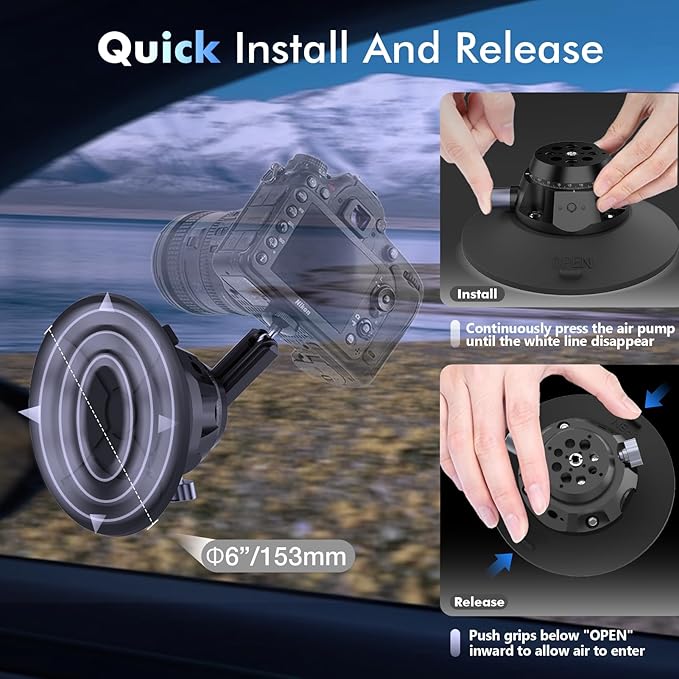 EMART Suction Cup Camera Mount with Adjustable Magic Arm, Metal 6" Suction Cup Mount Compatible with Camera, Action Cam, Phone, Universal 1/4"-3/8" Mount Holes for Windshield, Dash and Smooth Surface