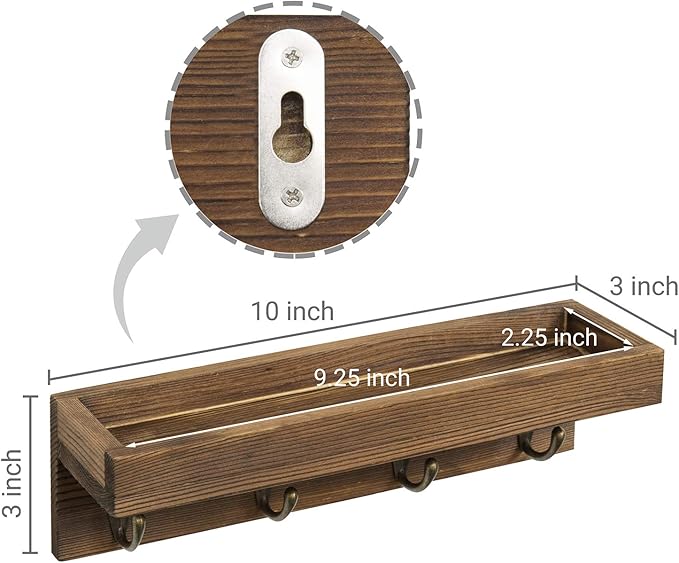 MyGift 10 Inch Floating Wall Shelf with Hooks, Dark Brown Wood Entryway Storage Shelf with 4 Metal Key Hooks