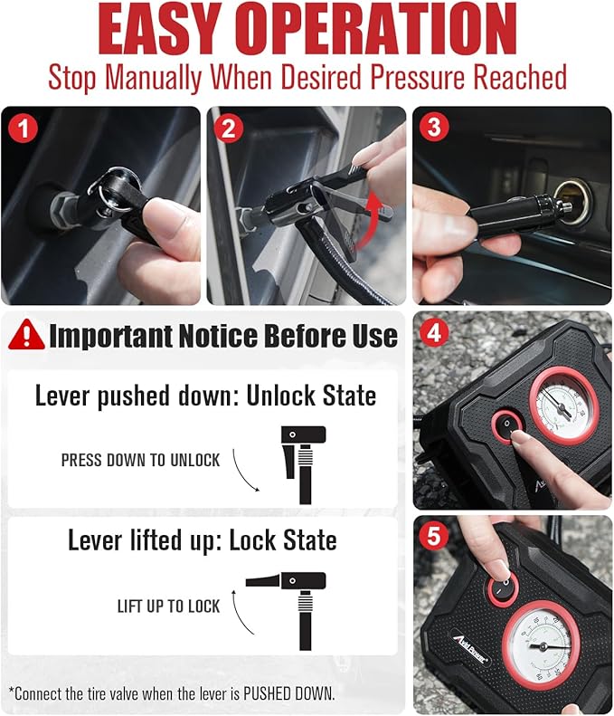 AVID POWER 12V Tire Inflator Portable Air Compressor, Portable Car Air Pump w/Display Gauge and LED Light, Air Pump for Car Tires, Bike, Motorcycle, Compact, Lightweight (Black Red)
