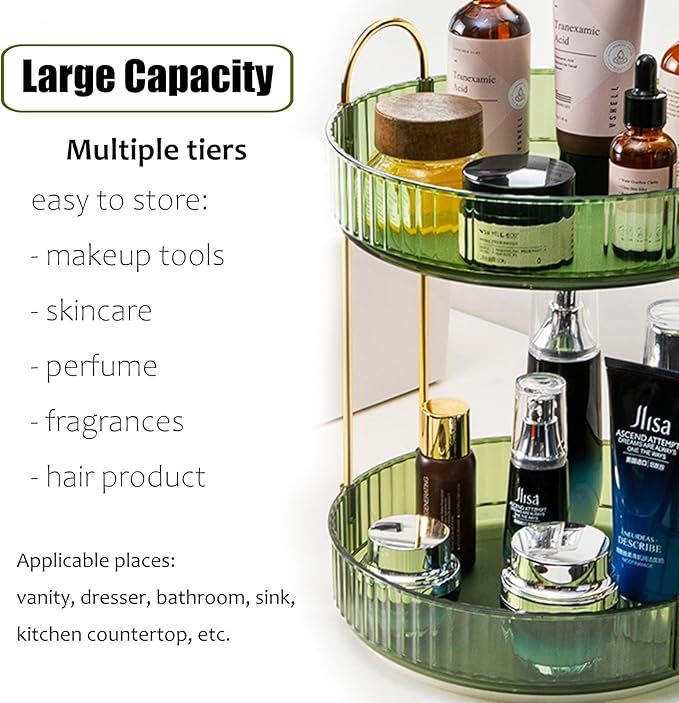 Rotating Makeup Organizer Countertop 2 Tier Lazy Susan Trays Clear Skincare Perfume Storage for Bathroom Counter Vanity, Gree