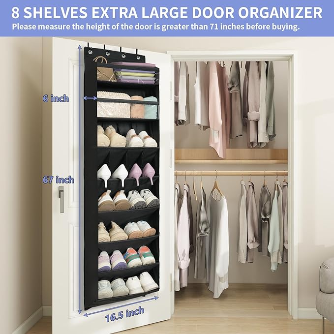 FENTEC 1 Pack 8 Shelves Over The Door Shoe Organizer, 68" Exlarge Deep Pockets Hanging Shoe Organizer, Shoe Rack for Closet, 