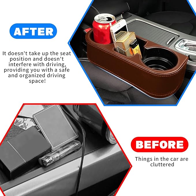 Car Cup Holder, Auto Front Seat Gap Interior Drink Organizer, Multifunctional Cup Drink Holders with PU Leather Cover, Gap Filler Storage Box Coin Bucket Console Side Pocket Key Wallet Holder (Brown)