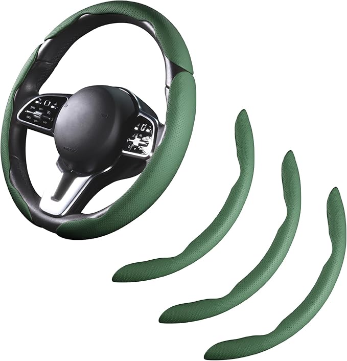 Car Steering Wheel Cover Leather Snap On 3Pcs Set Non-Slip Protector Wrap Steering Wheel Accessories 14.5-15 inch Universal G