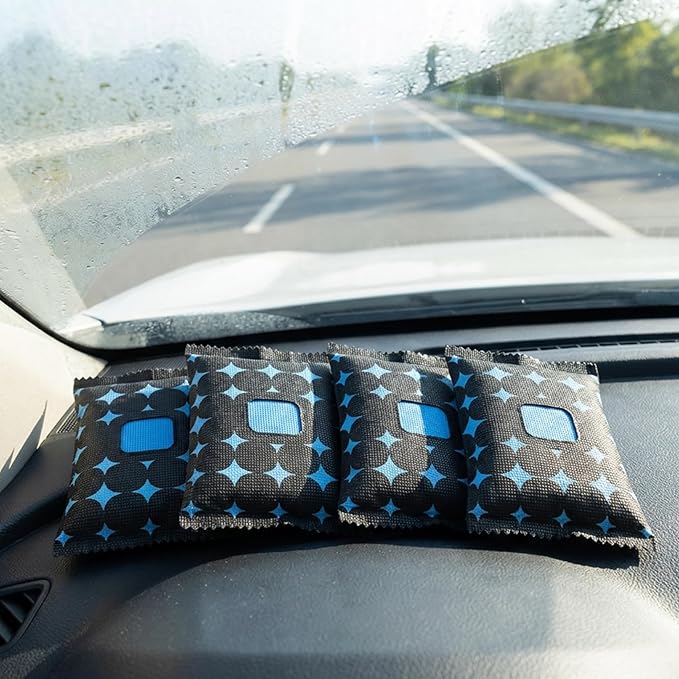 Car Dehumidifier Bags, 4 Pack Reusable Silicone Desiccant Bag with Color Indicator Silica Gel Packets for Windshield Fog &