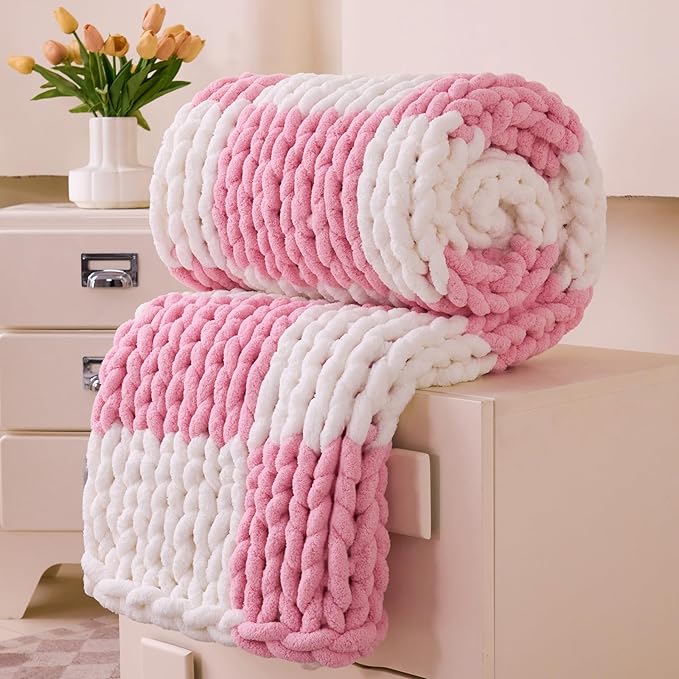 Admitrack Chunky Knit Blanket Throw 51"x63", 100% Hand Knit Chenille Throw Blanket for Sofa & Home Decor, Soft and Cozy Knitt