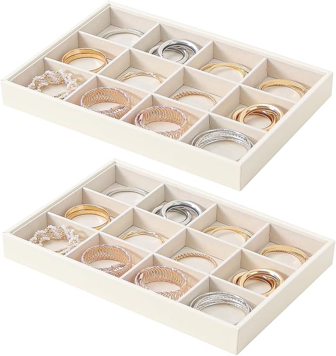 Stackable Jewelry Organizer Tray For Drawers,White Leather Small Earring Storage Tray,Bracelet And Necklace Display Box,Jewel