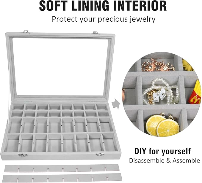 Vicoter Velvet Jewelry Tray 48 Compartments Jewelry Display Organizer with Transparent Cover Rings, Earrings, Necklaces, Pend