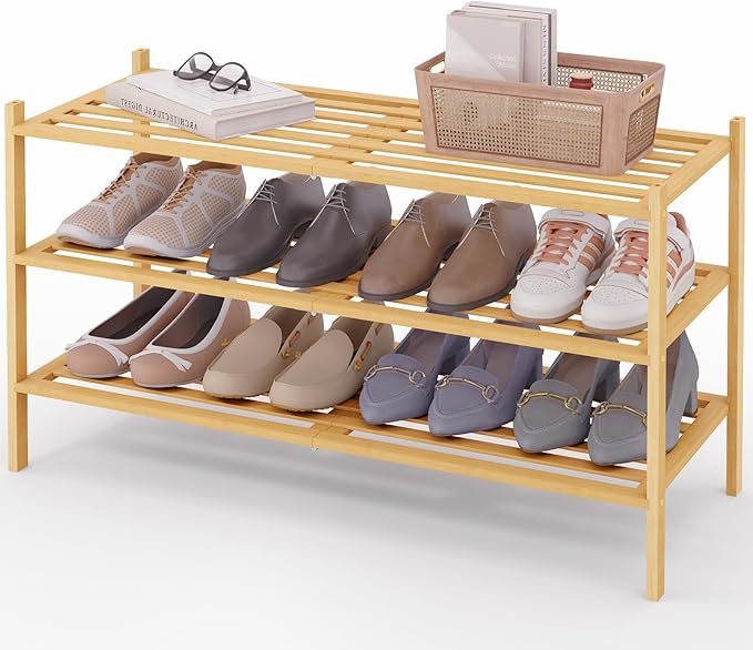 Smiry Long Bamboo Shoe Rack 3-Tier, Stackable Wooden Shoe Organizer for Entryway & Closet, Free Standing Wood Shoe Storage Sh