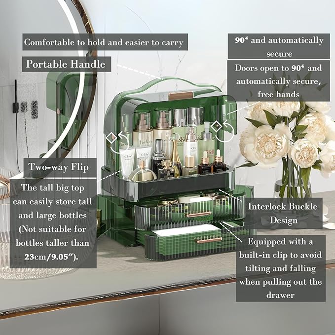 LINFIDITE Cosmetics Storage Box Transparent Lid Large Makeup Organizer Box Drawers Portable Handle Waterproof Dustproof Skinc