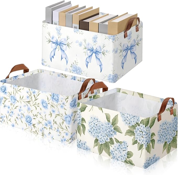 Boao 3 Pcs Blue Hydrangea Bow Storage Bin Flowers Collapsible Large Storage Baskets for Gifts Canvas Laundry Basket Foldable 