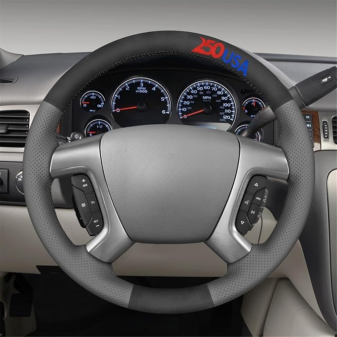 MEWANT USA 250th Anniversary Embroidered Hand-Stitched Steering Wheel Cover for Chevy Silverado 1500 2007 2500 3500 Avalanche Suburban Tahoe 2014 Traverse Black Suede Gray Faux Leather Steering Wrap