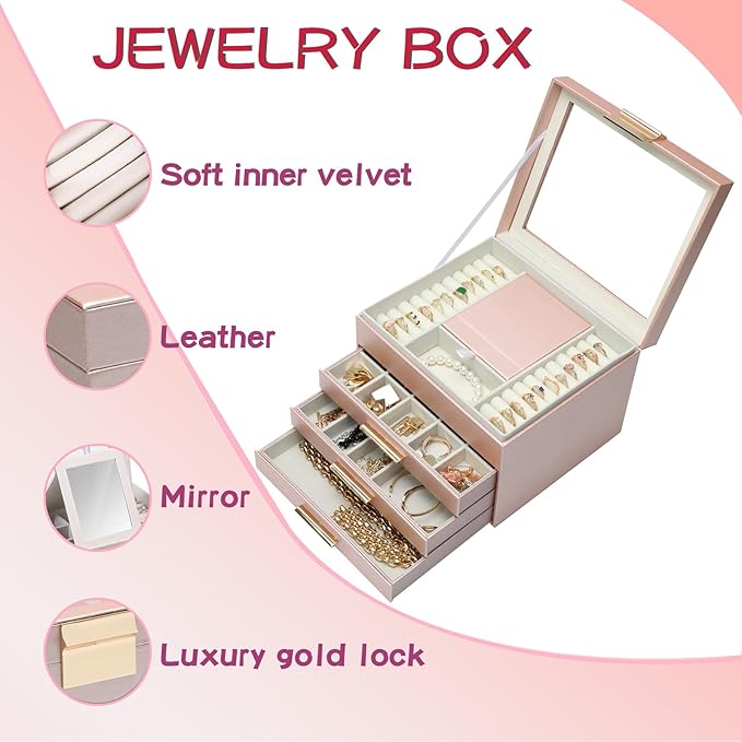 BOOVO Clear Lid Jewelry Box,3 Layers Jewelry Organizer Large Jewelry Storage Box with 2 Drawers,Jewelry Holder Organzier of R