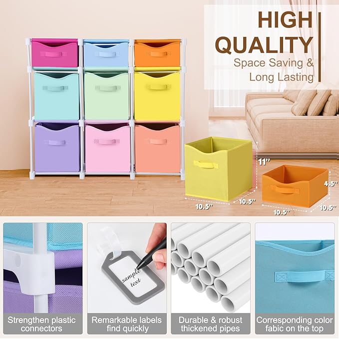 9 Cube Storage Organizer Shelf with Storage Bins and Label, 11 Inch Toy Cube Bins Clothes Closet Organizers Drawers Fabric Dr