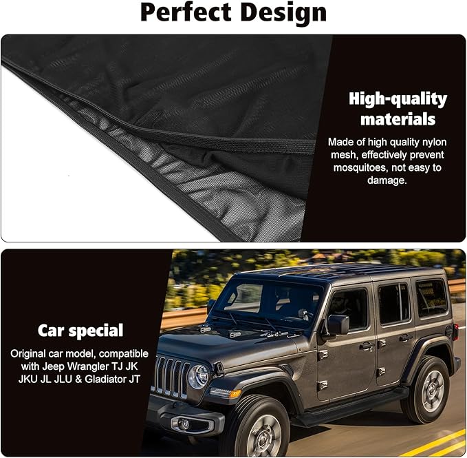 Front Window Sun Shade Covers Elasticized Breathable Mesh Car Side Window Screens Net UV Protection Sunshade for Jeep Wrangler TJ JK JL & Gladiator JT 1997-2024,2PCS