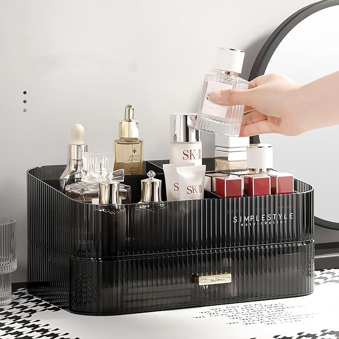 Makeup Organizer for Vanity, Large Desk Organizer with Stackable Drawer for Cosmetics, Skincare, Lipsticks, Palette, Nail Car