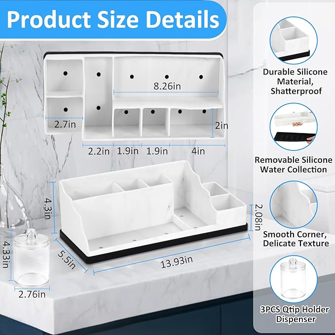 Bathroom Counter Organizer, White Silicone Toothbrush Holders for Bathrooms Organizer Countertop with 3PCS Qtip Holder, Tooth