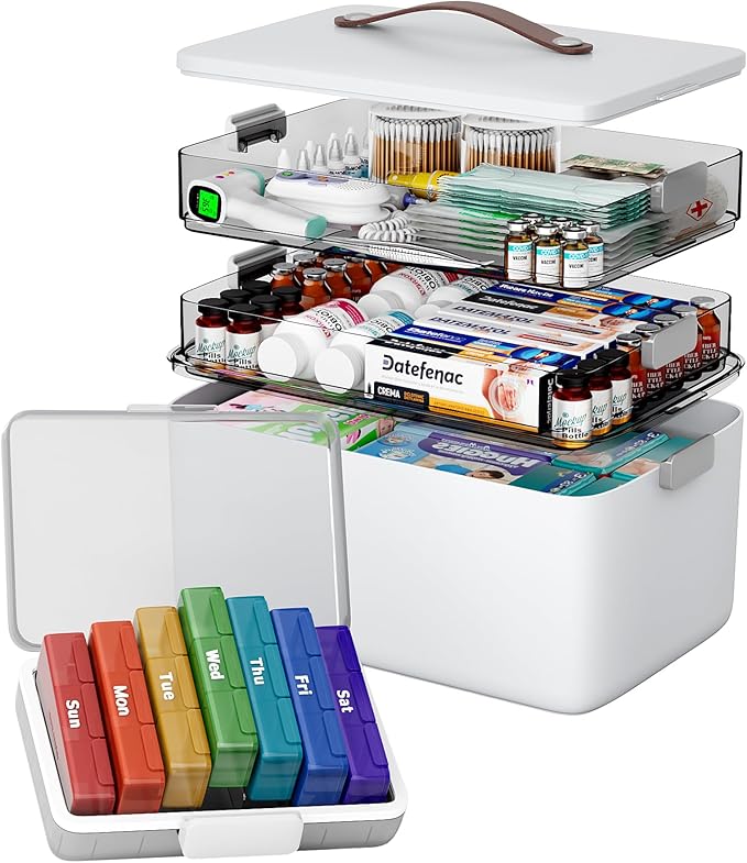 CTIME 3-Tier Medicine Organizer with Pill Case - Portable Pill Case & Empty First Aid Kit for Home, Travel, RV, School, Dorm,