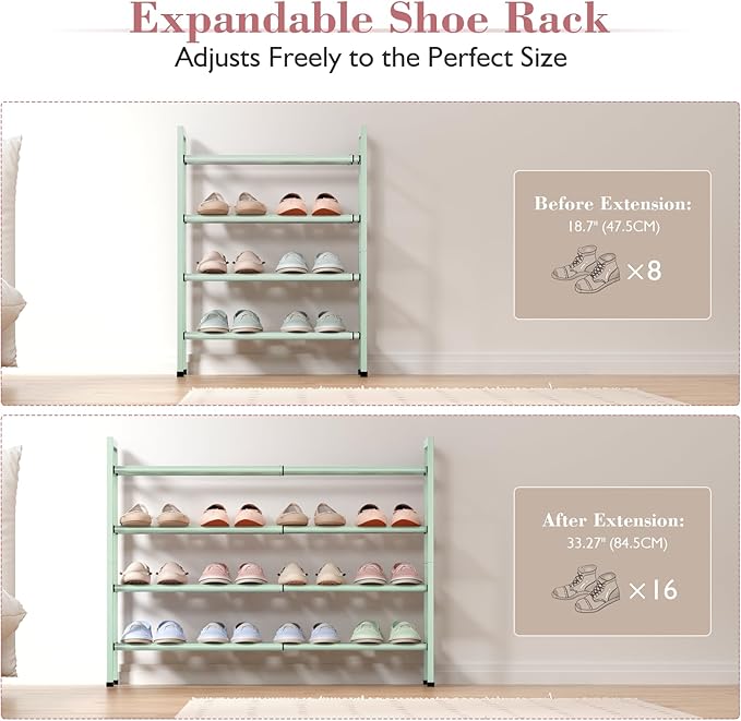 Bumusty 4-Tier Expandable Shoe Rack for Closet, 18“-33” Adjustable Shoe Rack for Small Space, Small Shoe Organizer for Front 