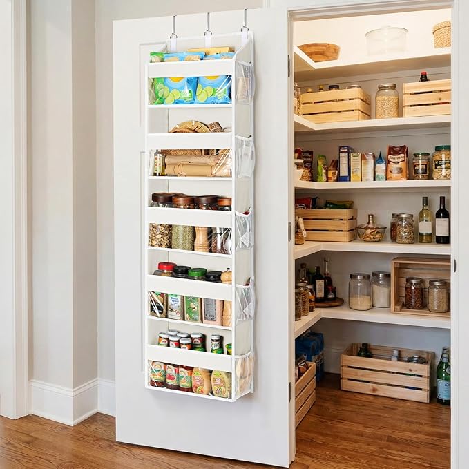 Yecaye 5 Tier Clear Over the Door Organizer Hanging, 5 Large Plastic Pockets and 10 Side Pockets Back of Door Organizer, 56lb