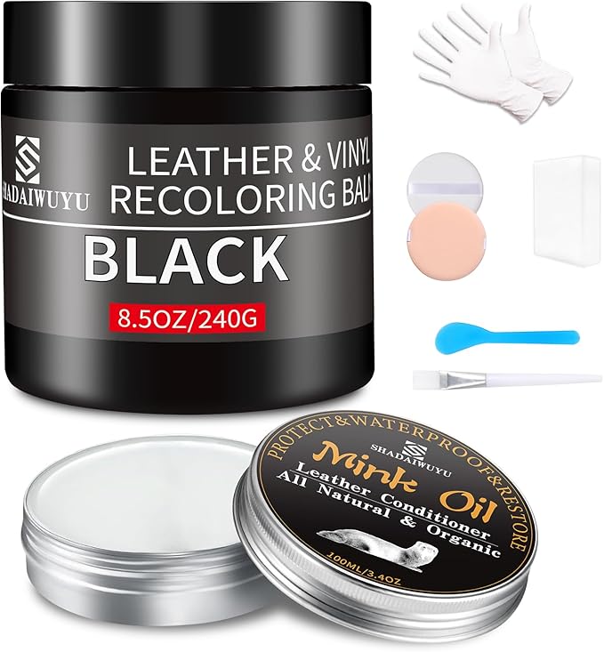 SHADAIWUYU 8.5oz Leather Recoloring Balm with 100ml Mink Oil,Black Leather Repair kit for Furniture and Car Interior,Leather 