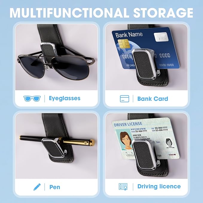 Sunglasses Holder for Car, One-Handed-Operation Leather Sunglasses Clip for Car Sun Visor, 2Pack Sturdy Eyeglasses Holder and Ticket Card Clip, Auto Interior Car Visor Accessories (Black)