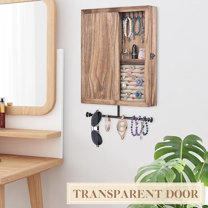 Keebofly Wall Mounted Jewelry Organizer Box Rustic Wood Large Space Jewelry Cabinet Holder Jewelry Storage Box for Necklaces,