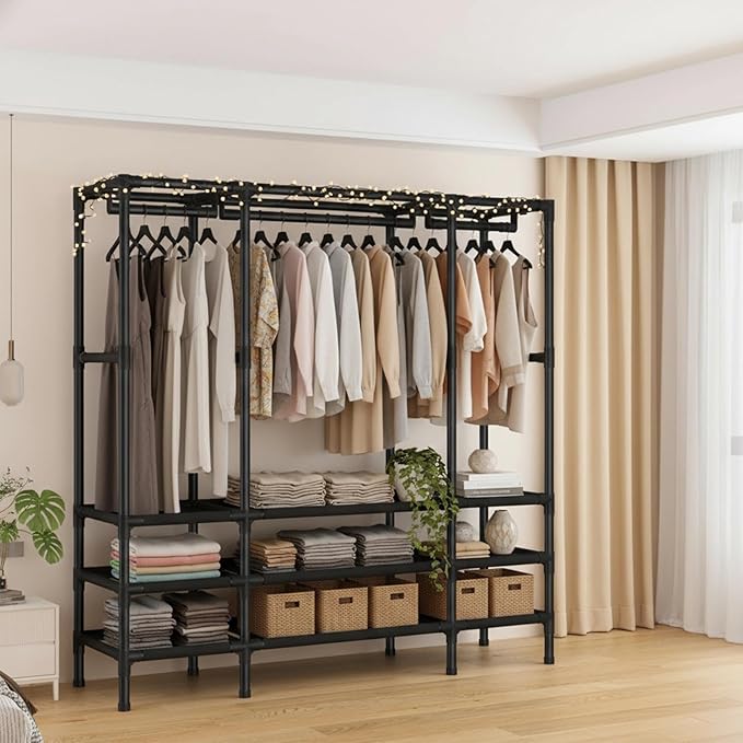 Portable Closet,Garment Rack,Heavy Duty Clothes Rack with Cover,Wardrobe Closet with 3 Hanging Rods, 9 Storage Shelves,55.1" 