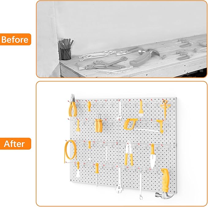 TORACK Metal Pegboard Panels and Hooks for Garage, Workbench, Shop, Shed Tool Organizer Peg Board with 1/8" & 1/4" Holes, Mod