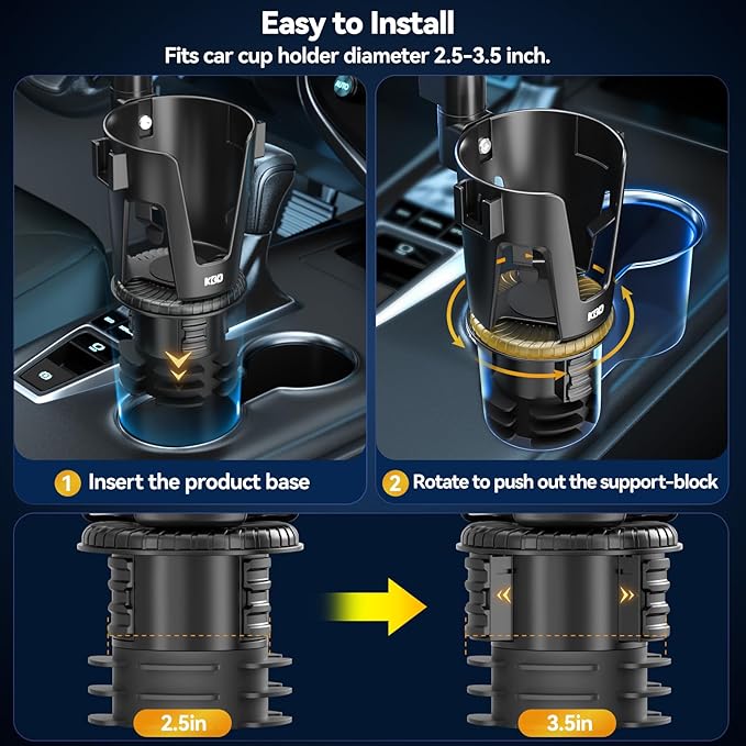 KDD Car Cup Holder Expander - 3 in 1 Cup Holder Adapter with Adjustable Base - Detachable Phone Holder & 360° Rotation Food T