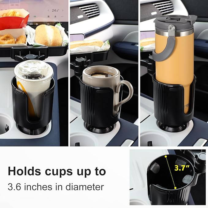 Car Large Cup Holder Expander, 2-in-1 Cupholder Extender with Swivel and Detachable Snack Food Tray Table for Eating, Travel 