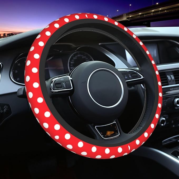 Red Polka Dot Steering Wheel Cover,Cute Classic Universal Fit 14-15 inch Steering Wheel Cover for Women Men, Automotive Inter