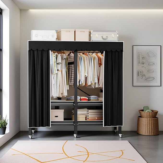 Heavy Duty Portable Wardrobe, Metal Foldable Covered Clothes Rack, 1500LBS, Freestanding Closet System Rolling Garment Rack, 