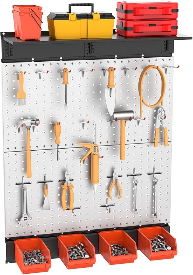 TORACK Metal Pegboard with Accessoreis for Garage Wall, Tool Organizer Pegboard with Hooks, Wall Mounted Bins/Shelf, Tool Sto