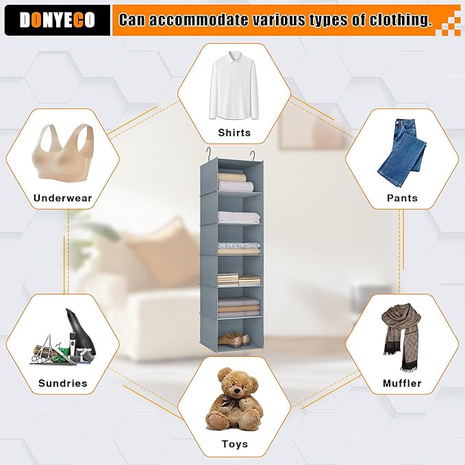 Hanging Closet Organizer and Storage 6-Shelf, Easy Mount Foldable Hanging Closet Wardrobe Shelves, Clothes Handbag Shoes Acce