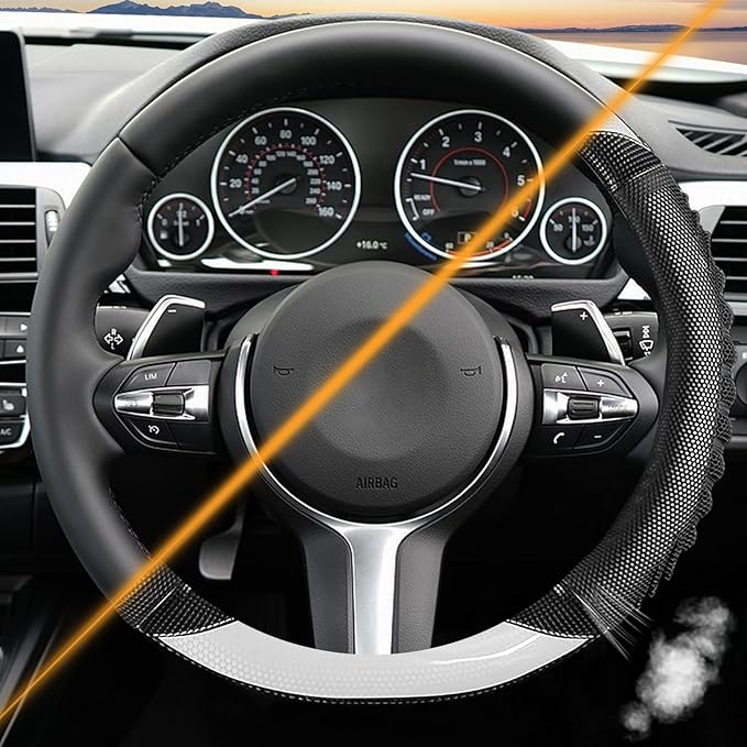 5D Honeycomb Knight White Car Steering Wheel Cover,14.5-15 Inch Universal Carbon Fibre Leather Covers Breathable Anti-Slip Od