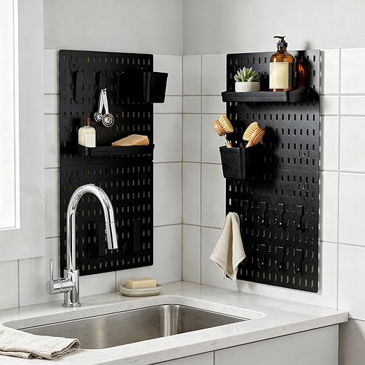 24 Pcs Wall Mount Peg Board Organizer Kits, Black DIY Pegboard Panels with 20 Accessories (Hooks, Clips, Bins, Shelves), Wall