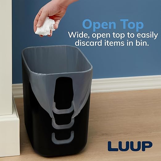 STORi Luup Bathroom Wastebasket 2pk, Secure Grocery Bags, Plastic Garbage Container for Vanity, Laundry Room, Kitchen, Office, 2.5 Gallon, Black, Made in USA