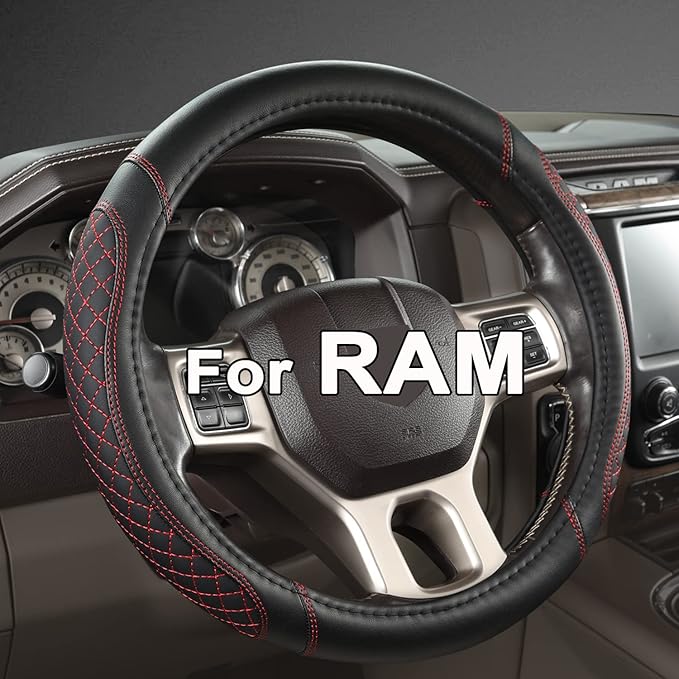 West Llama Customized Auto Car Steering Wheel Cover for Dodge RAM 1500 2500 3500, 15.5-16 inch (Diamond Quilted-Black+Red-Lar