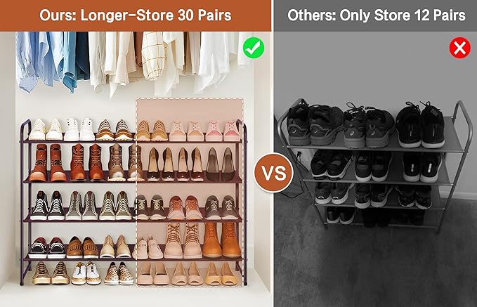 KIMBORA 4 Tier Long Shoe Rack for Closet, Wide Shoe Storage Organizer Stackable Sneaker Shelf for Floor, Bedroom 30 Pairs (Br