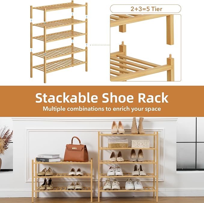 5 Tier Bamboo Shoe Rack Storage Organizer for Closet, Multifunctional Stackable Free Standing Shoe Shelf Organizer for Small 